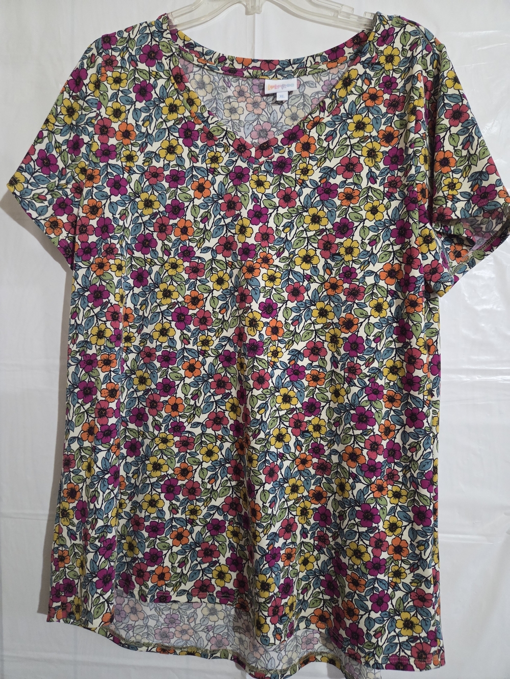 LuLaRoe Floral V-Neck Short Sleeve Top - Pink, Yellow, Orange, Green, Blue